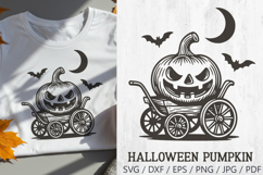 Halloween Retro Pumpkin SVG in vintage style. Features a spooky jack o’lantern sitting inside a wooden cart, surrounded by bats and a crescent moon. Perfect for Halloween crafts like t-shirts, mugs, posters, stickers, invitations, and seasonal home decor.
