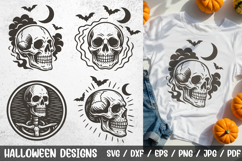 Halloween Skull SVG– spooky gothic design set featuring skulls, skeletons, bats, and moon. Perfect for Cricut, Silhouette, t-shirts, mugs, posters, stickers, and Halloween decorations.