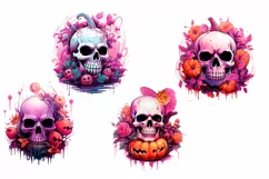 Halloween Skull Watercolor, Skull Pumpkin Clipart Product Image 2