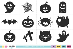 Grid preview of 12 Halloween silhouettes including ghosts, pumpkins, bats, spiderweb, crosses, and cat, simple and fun black vector icons.
