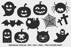 Halloween silhouette clipart set with ghosts, pumpkins, bats, spiders, and cauldrons in cute spooky style on light background.