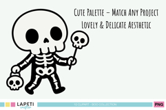 Cute Halloween skeleton clipart of a child carrying skull props, high-resolution PNG illustration.