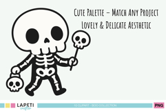 Cute skeleton kid clipart holding skull staff and pumpkin candy bucket, kawaii Halloween illustration.