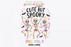 Digital PNG for makers featuring colorful skeleton characters, bold black Halloween lettering, scattered stars, bats, and playful spooky details.