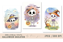 Cute watercolor Halloween skeleton illustration- 3 jpeg file Product Image 1