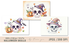 Cute watercolor Halloween skull illustration- 3 jpeg file Product Image 1