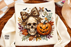 Halloween Skull Pumpkin Png, Leopard Bow Jack O' Lantern Product Image 1