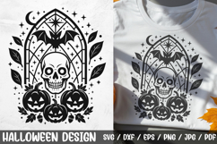 Halloween Skull Stained Glass SVG – a gothic black and white design featuring a skull, bat, and pumpkins inside a stained glass window. Perfect for creating t-shirts, hoodies, decor, posters, mugs, stickers, and other Halloween DIY projects.