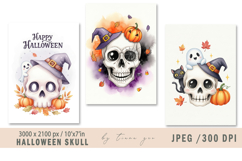 Cute watercolor Halloween skull illustration- 3 jpeg file Product Image 1
