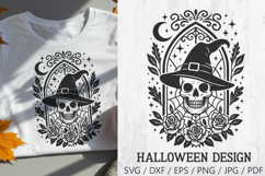Halloween Skull with Witch Hat Stained Glass SVG – spooky gothic illustration featuring a skull in a witch hat, framed by a stained glass style window, roses, crescent moon, stars, and leaves. Perfect for Halloween crafts, gothic t-shirts, mugs, stickers,