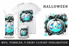 Halloween smiling pumpkin carved with cool neon blue face emitting sparkles print tumbler skinny mug wrap clipart t-shirt sublimation printable design