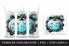 Halloween smiling pumpkin carved with cool neon blue face emitting sparkles print tumbler skinny mug wrap clipart t-shirt sublimation printable design