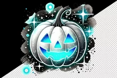 Halloween smiling pumpkin carved with cool neon blue face emitting sparkles print tumbler skinny mug wrap clipart t-shirt sublimation printable design