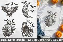 Halloween Spooky SVG with ghost, bat, black cat, and crescent moon. Perfect for Cricut, Silhouette, stickers, mugs, t-shirts, posters, and party decorations.