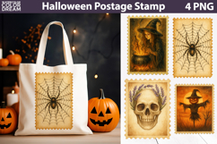 Vintage Halloween Postage Stamp | Witch Skull Spider PNG Product Image 1