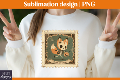 Post Stamp Halloween sublimation, Retro cute fox, tote bag Product Image 4