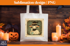 Post Stamp Halloween card, Retro Halloween tag Lamb Owl Product Image 2