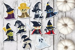 10 halloween characters stickers on a white wooden background with white pumpkins