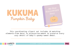 Purple storybook with pumpkin and text My First Halloween Story