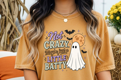 Ghost-themed sublimation design featuring purple and orange lettering, black bats, celestial accents, and a cute ghost illustration on a transparent background.