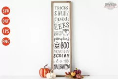 Halloween words, phrases with halloween clipart shown on a tall vertical porch sign