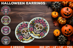 Flower Sugar Skull Halloween Earrings Sublimation Design Product Image 1