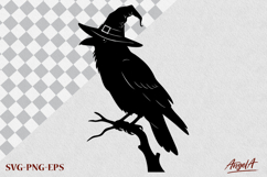 Halloween clipart SVG, black raven with witch hat silhouette Product Image 2