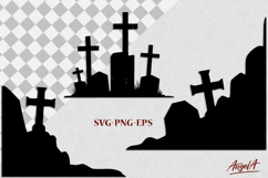 Cemetery silhouette with cross, graves Halloween clipart SVG Product Image 1