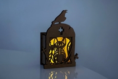 Cat &amp; Raven Tombstone Candle Holder - Spooky Tea Light Box Product Image 1