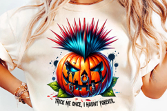 haunt forever pumpkin png, punk pumpkin clipart, trick me once halloween design, spooky pumpkin sublimation, halloween punk style png, creepy halloween pumpkin, halloween sublimation design, halloween clipart for cricut, scary pumpkin illustration, hallow