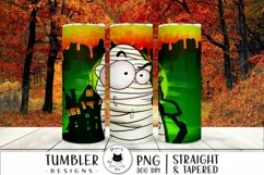 funny halloween wrap with mummy illustration shown on tumblers