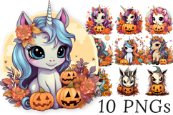 Cute Halloween Unicorn Clipart Bundle - 10 Transparent PNGs Product Image 1