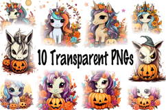 Cute Halloween Unicorn Clipart Bundle - 10 Transparent PNGs Product Image 9