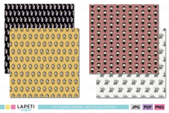 Digital paper collection with cute Halloween kids dressed as witches, vampires, and skeletons on mustard, pink, and black backgrounds.