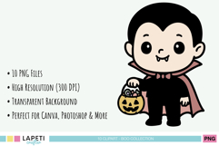 Close-up illustration of a kawaii vampire boy holding a pumpkin candy bucket, Halloween clipart PNG.