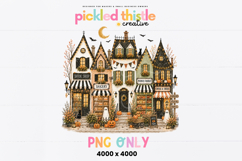 Digital Halloween PNG showing a detailed fall village scene with ghosts, pumpkins, market signs, bats, lanterns, warm windows, and hand-painted texture.