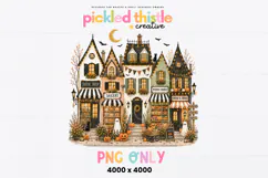 Digital Halloween PNG showing a detailed fall village scene with ghosts, pumpkins, market signs, bats, lanterns, warm windows, and hand-painted texture.
