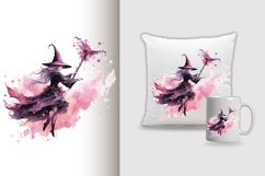  Watercolor Flying Witch Sublimation Clipart Design