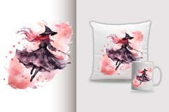 Watercolor Flying Witch Sublimation Clipart Design