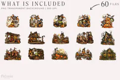 Whimsical Halloween clipart bundle featuring watercolor ghosts, pumpkins, witches, black cats, skeletons, bats, haunted houses and spooky elements on transparent backgrounds.