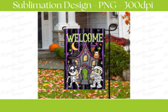 Cute Halloween garden flag featuring a whimsical haunted house with a skeleton, mummy, bat, moon, and purple striped background displaying the word Welcome. Perfect for porch décor, yard decorations, and sublimation projects.