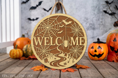 Halloween Welcome Round Door Hanger SVG,Wooden Halloween Sig Product Image 1
