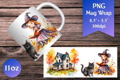 Halloween Witch, Black Cat and Haunted House Mug Wrap. This design is ideal for creating cozy autumn vibes and charming witchy mugs for Halloween lovers