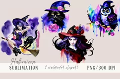 Cute watercolor witch, owl, cat Halloween sublimation- 4 png Product Image 1