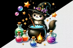 Halloween witch cat stirring mini cauldron colorful potion bottles print 20 oz tumbler skinny mug wrap clipart t-shirt sublimation printable design