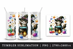 Halloween witch cat stirring mini cauldron colorful potion bottles print 20 oz tumbler skinny mug wrap clipart t-shirt sublimation printable design