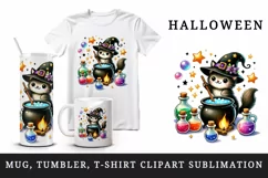 Halloween witch cat stirring mini cauldron colorful potion bottles print 20 oz tumbler skinny mug wrap clipart t-shirt sublimation printable design