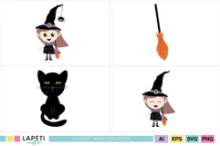 Cute Halloween witch graphics in purple green orange and black colors
