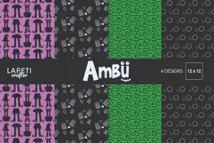 Four Halloween digital papers in purple green black and charcoal with spooky graphic patterns