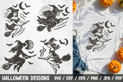 Halloween Witch Flying SVG – spooky witches on broomstick with bats and moon. Perfect for Cricut, Silhouette, t-shirts, mugs, posters, stickers, and Halloween party decorations.